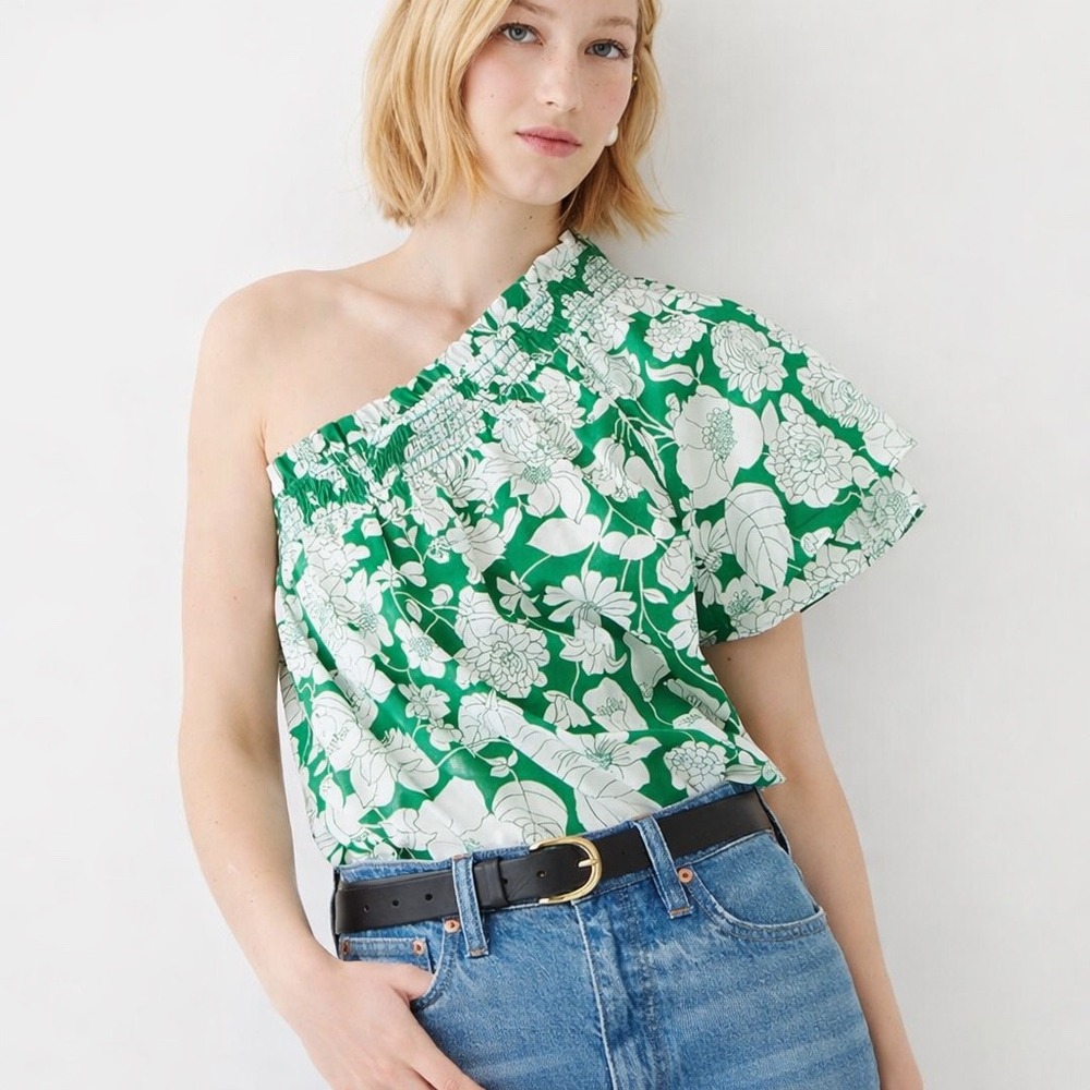 J.Crew One Shoulder Floral Top L Kelly Green Smocked‎ Cotton Poplin Cottagecore